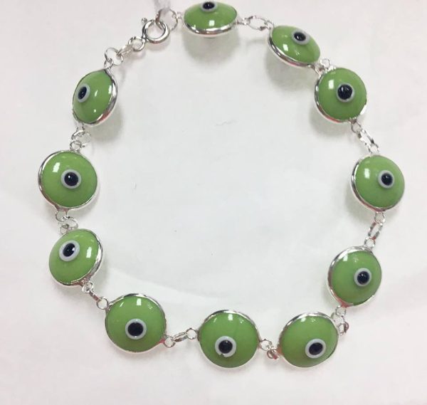 Pulsera plata ojos turcos verdes sanación dinero