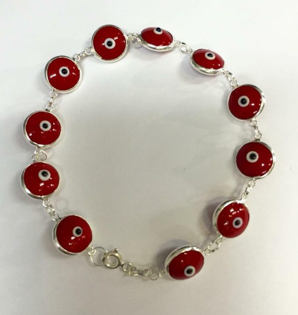 Pulsera plata ojos turcos rojos.
