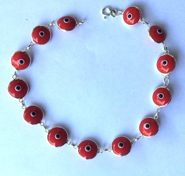 Large Pulsera plata ojos turcos rojos 22 cm